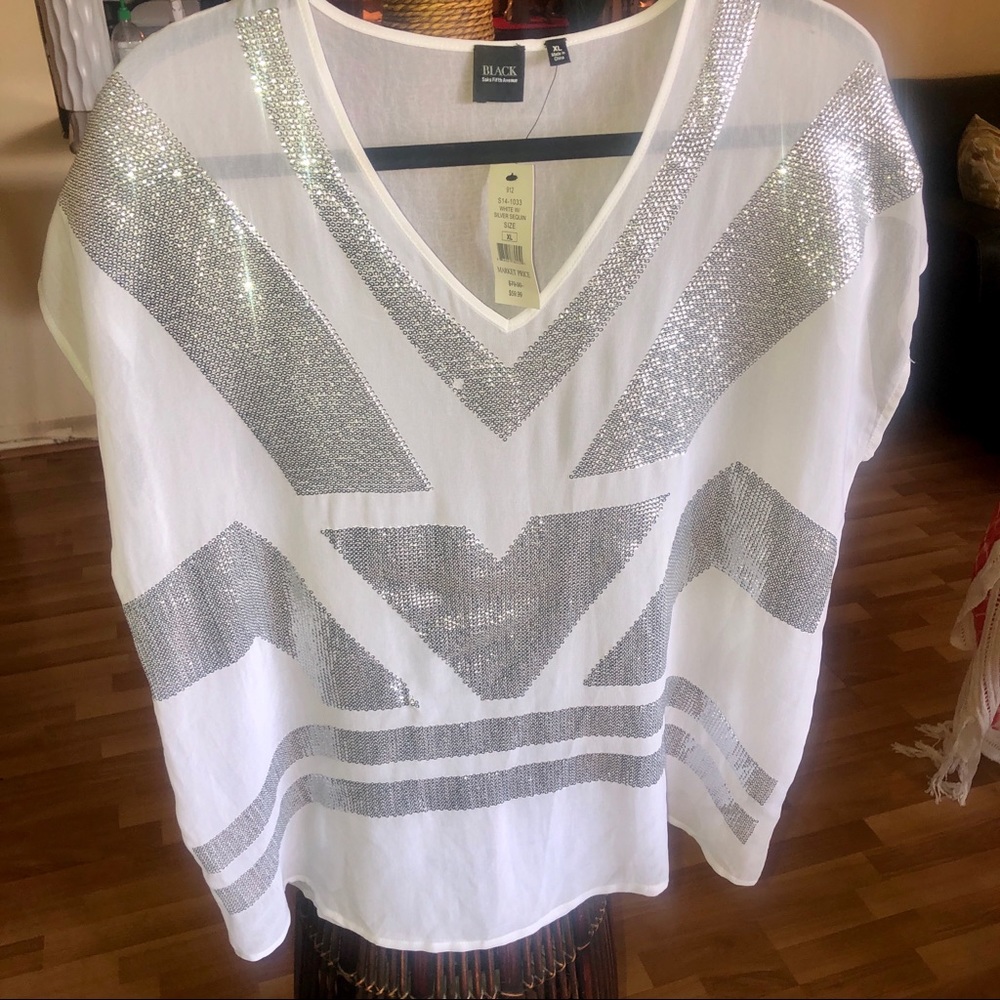 Saks Fifth Avenue White Sheer Sequin Top